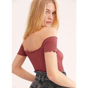 Free People NWTS Off Shoulder NEW Moulin Rouched Cami Shirt Marsala XS/S 1E